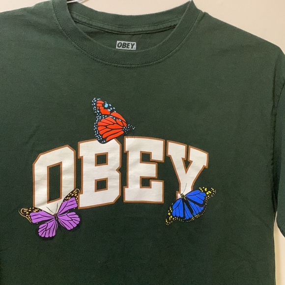 Men’s OBEY Logo Script Shirt Green Large - Picture 2 of 5